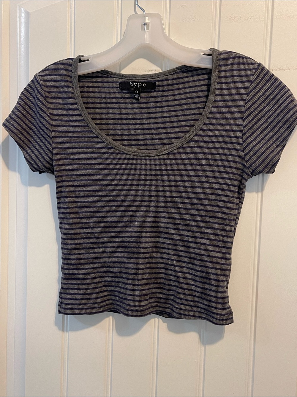 Hype Navy and Gray Striped Ribbed Scoop Crop Top